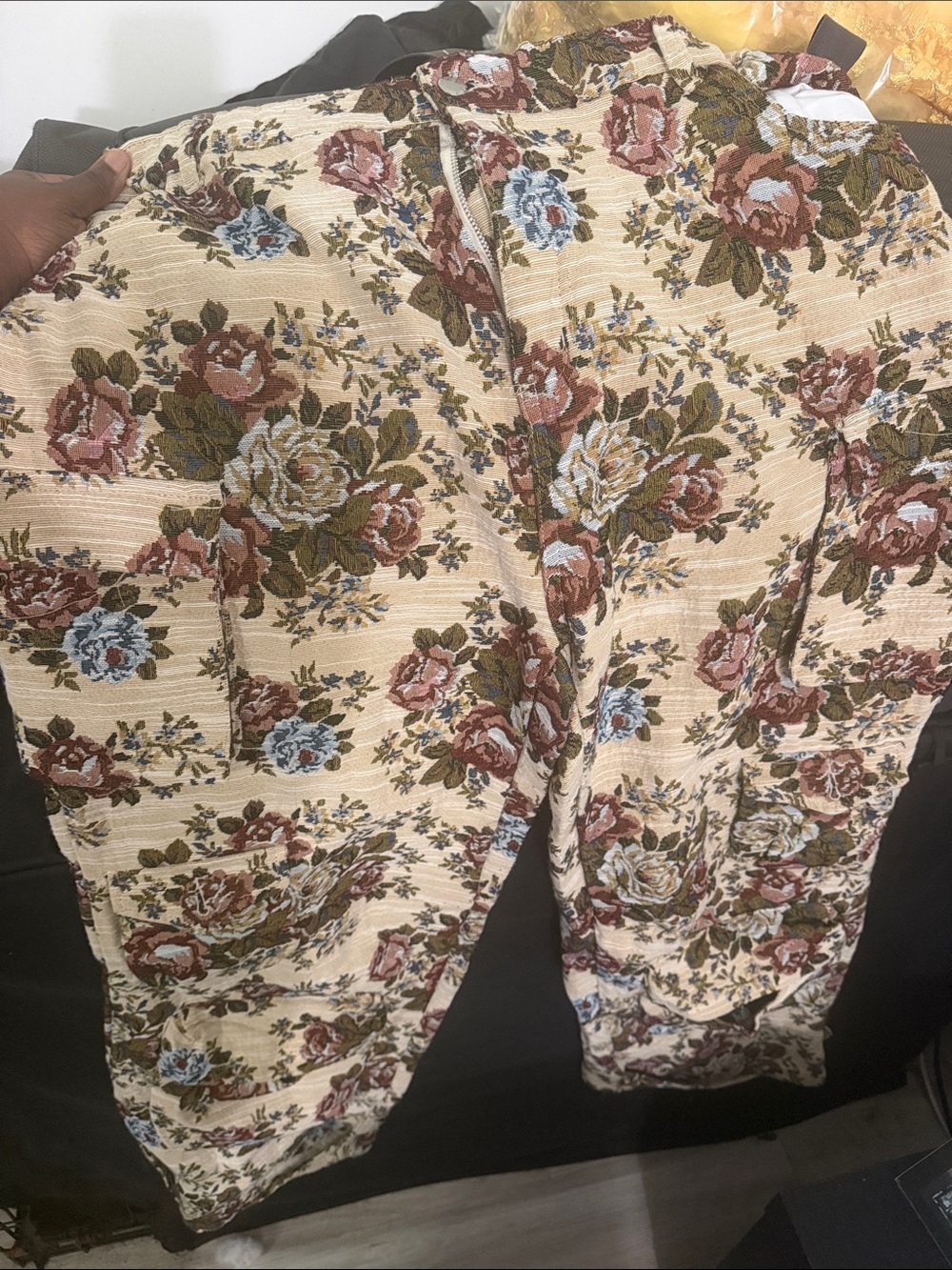 Daisy Cream Wide-Leg Floral Pants with Rose & Blue Blossom Print